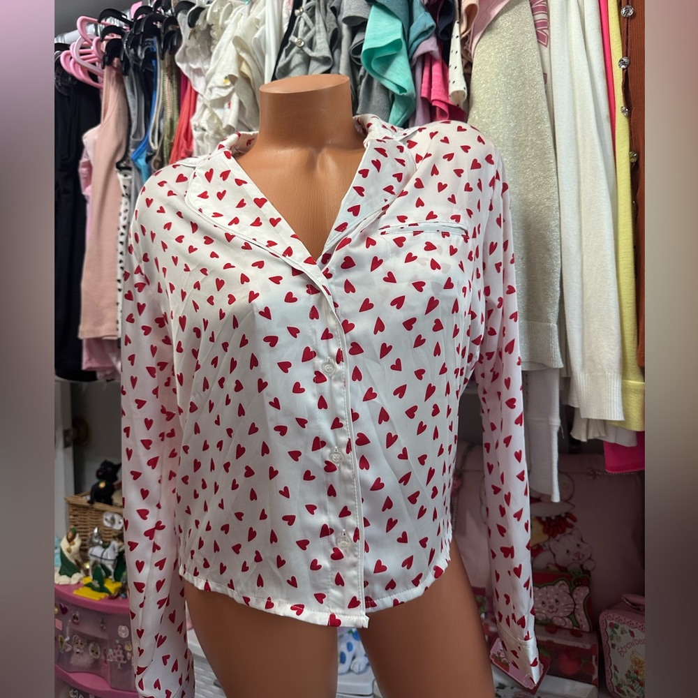 5 for $15! Forever 21 Red Hearts Long Sleeve Sleep Shirt Size Small